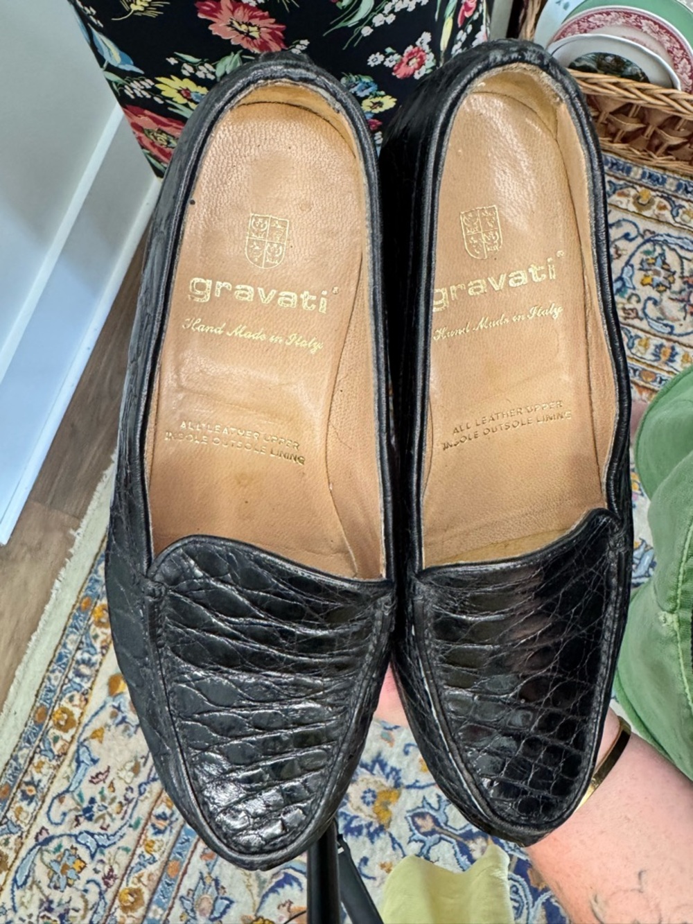 Gravati Black Croc-Embossed Leather Slip-On Loafers, Sz 7, quiet luxury, Italy